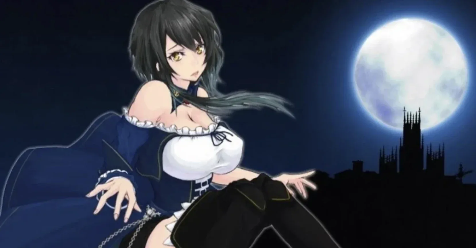 魔女复仇之夜 魔女は復讐の夜：魔女着装人物与月夜城堡的宣传画，非操作UI