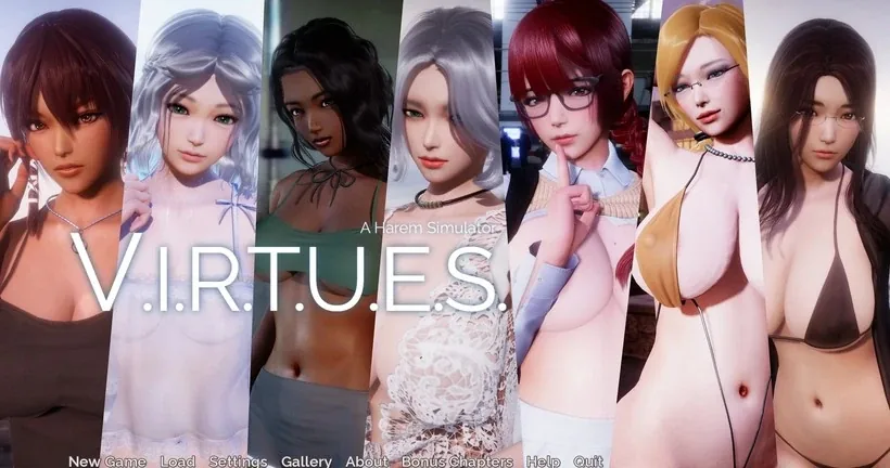 美德（VIRTUES）：V.I.R.T.U.E.S.题名与八类菜单，衣物覆盖私密部位