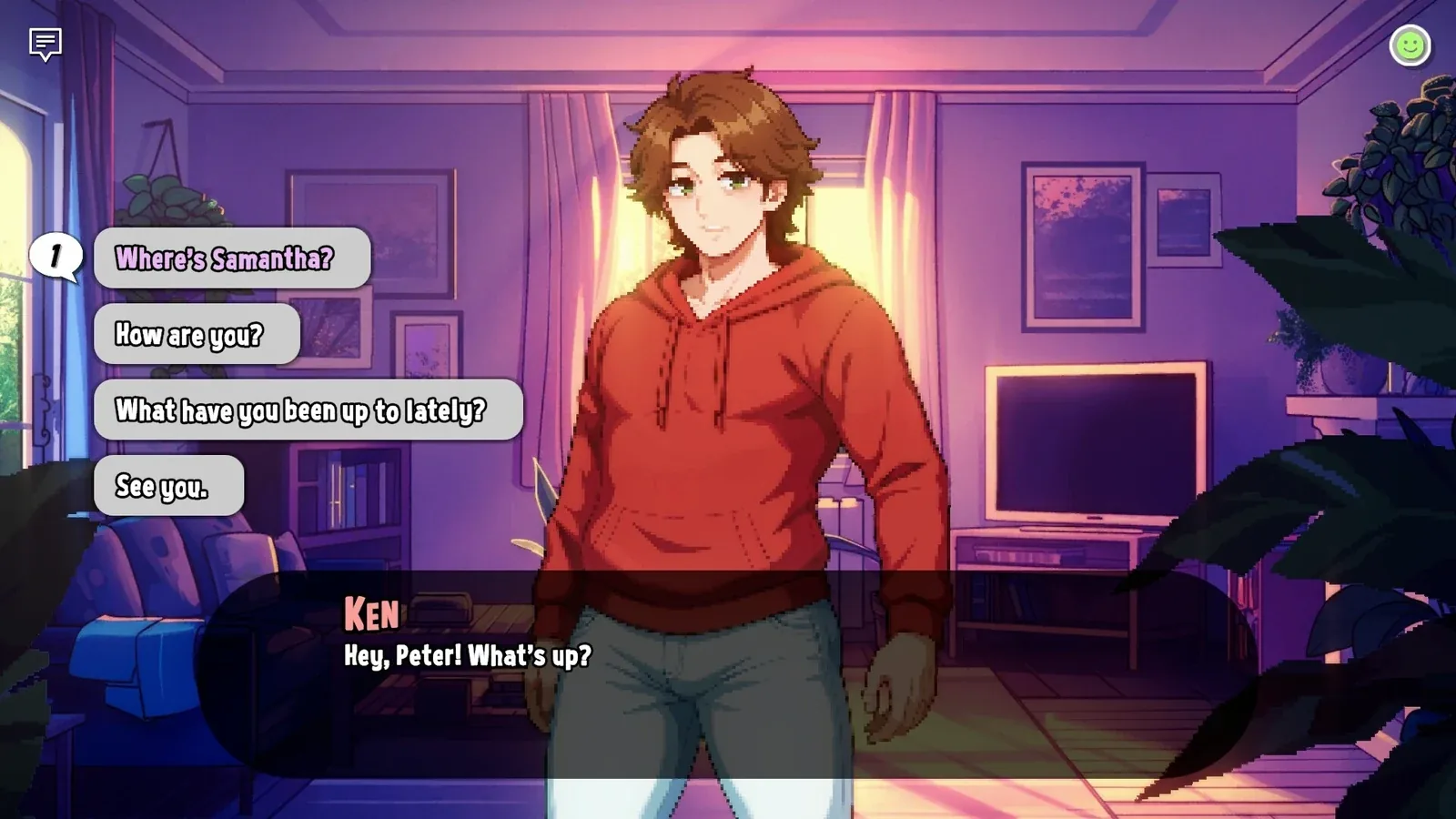 造星者物语：Ken 在室内交谈，左侧可见英文对话选择